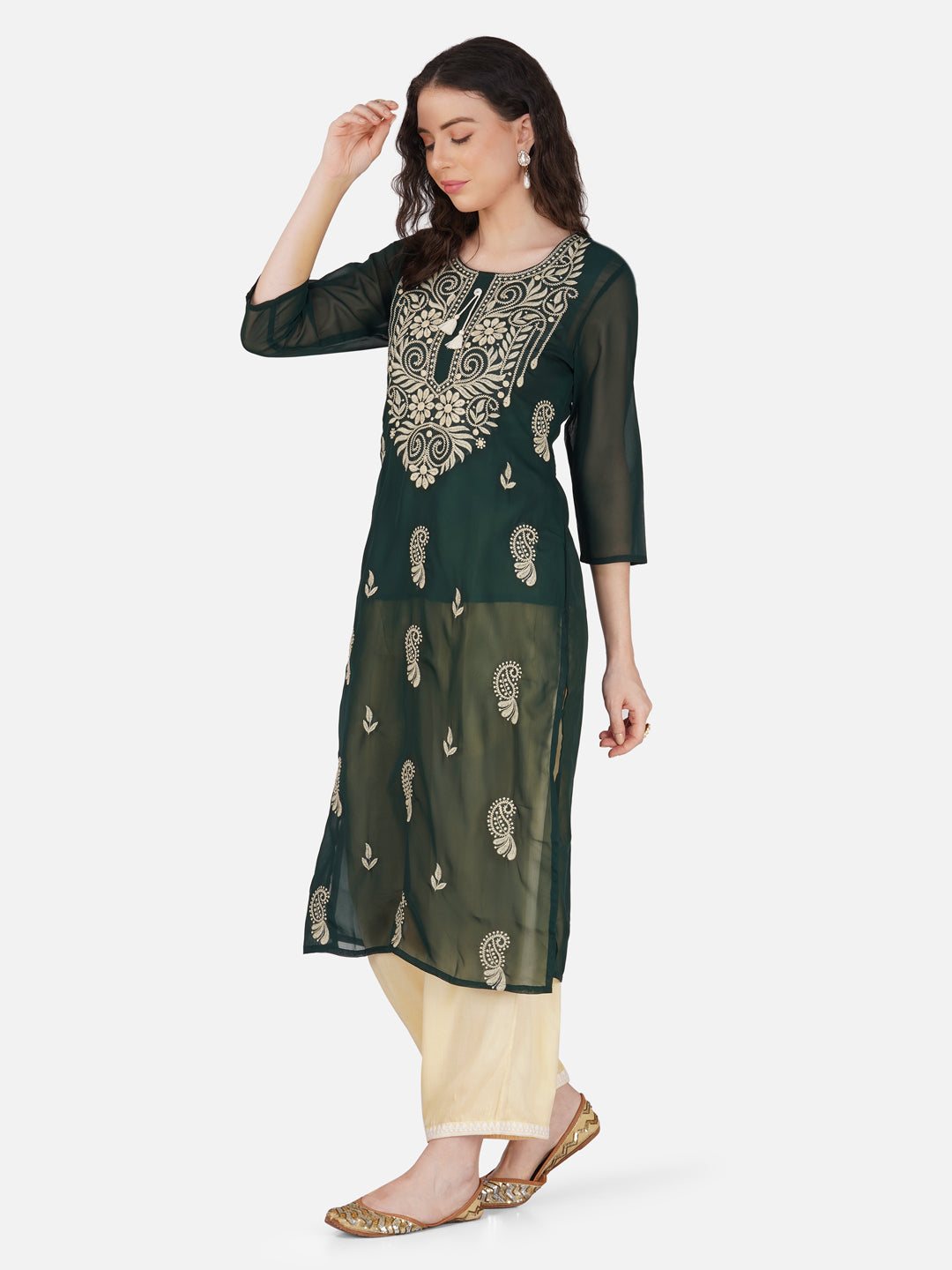 Deep Forest Green Paisley Lucknowi Chikankari Embroidered Kurta Set