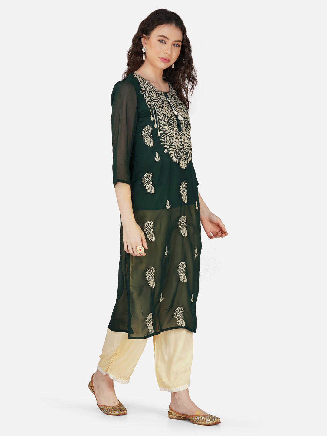 Deep Forest Green Paisley Lucknowi Chikankari Embroidered Kurta Set