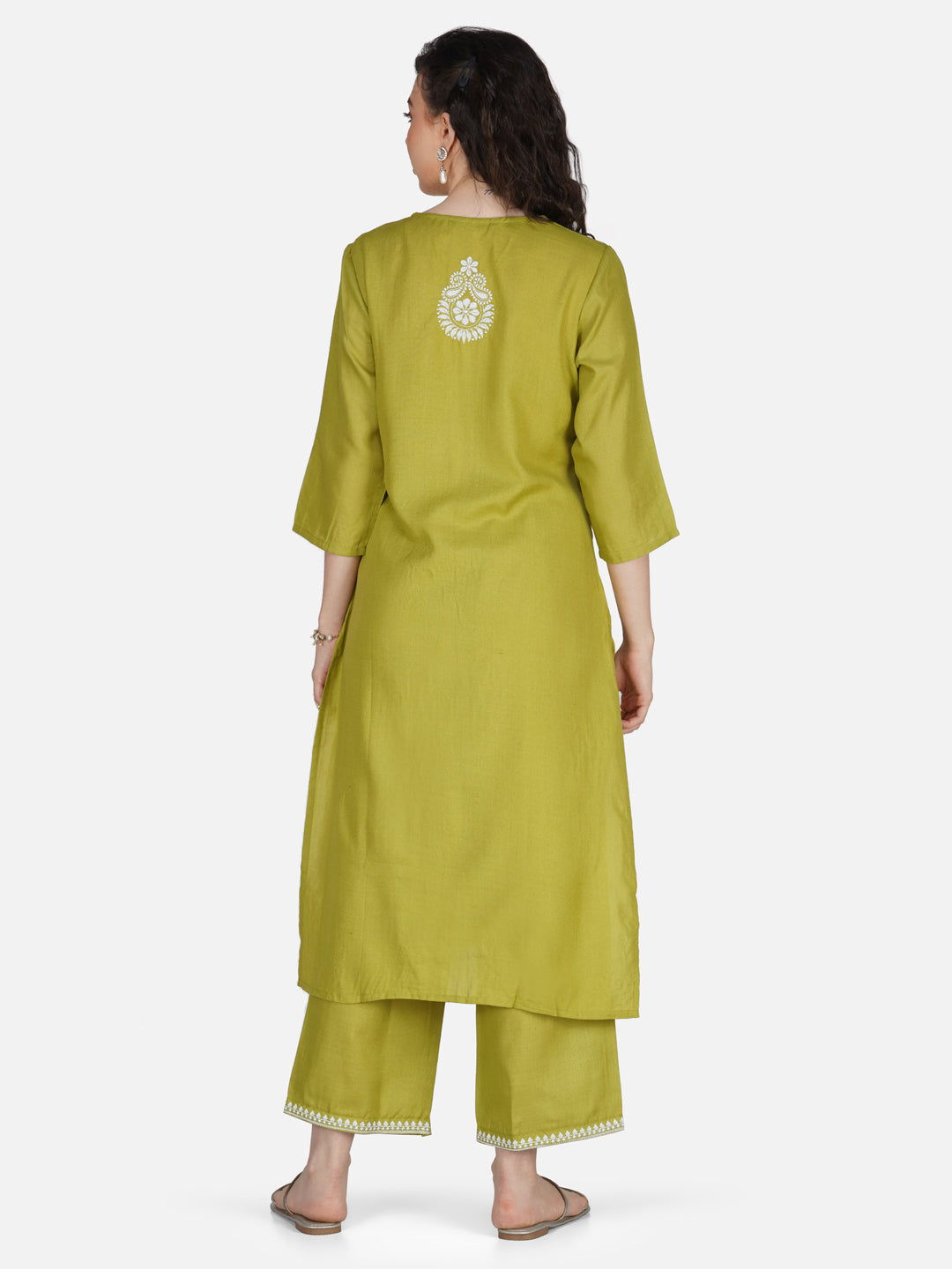 Olive Green Lucknowi Chikankari Embroidered Kurta Set