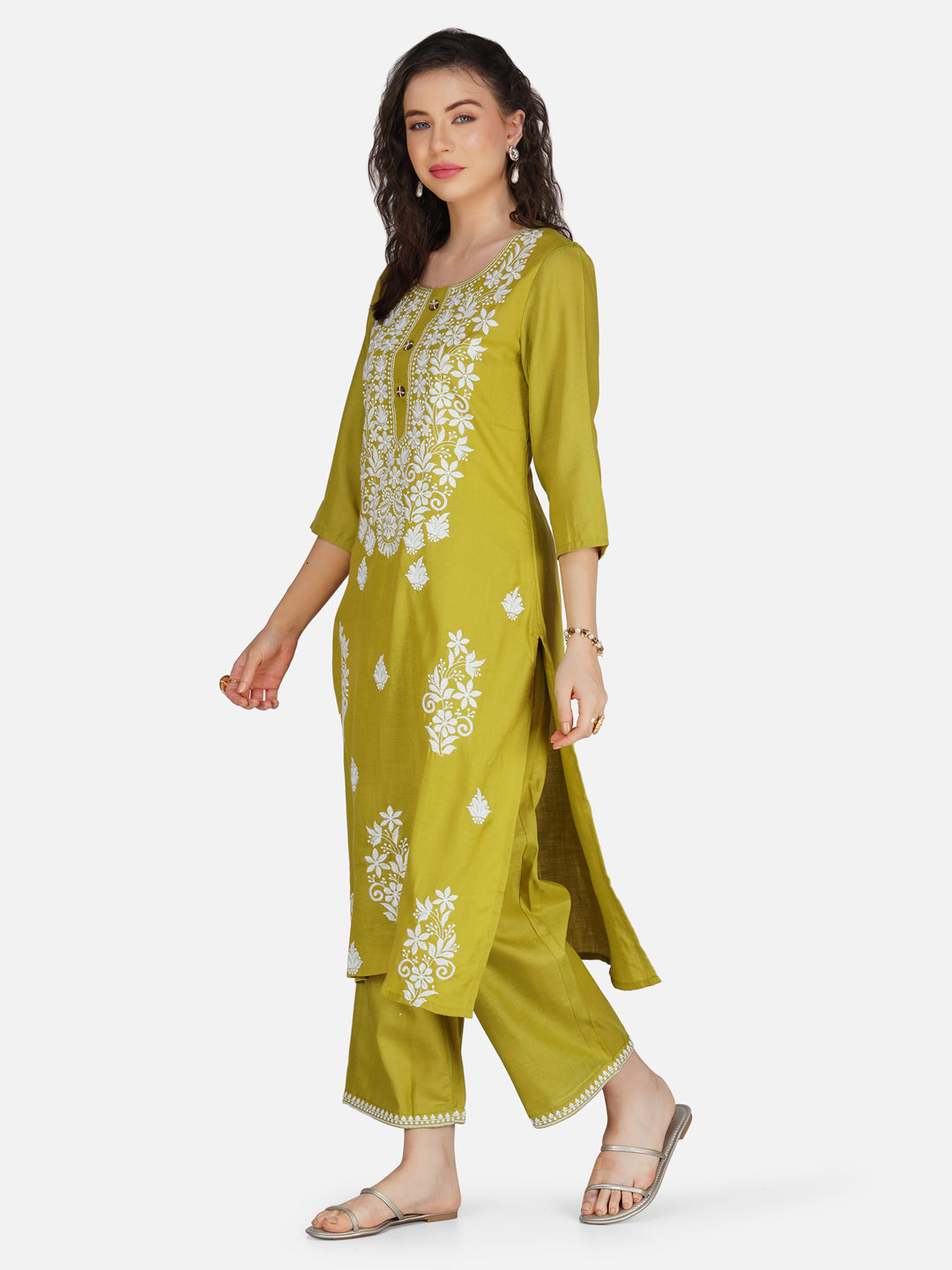 Olive Green Lucknowi Chikankari Embroidered Kurta Set