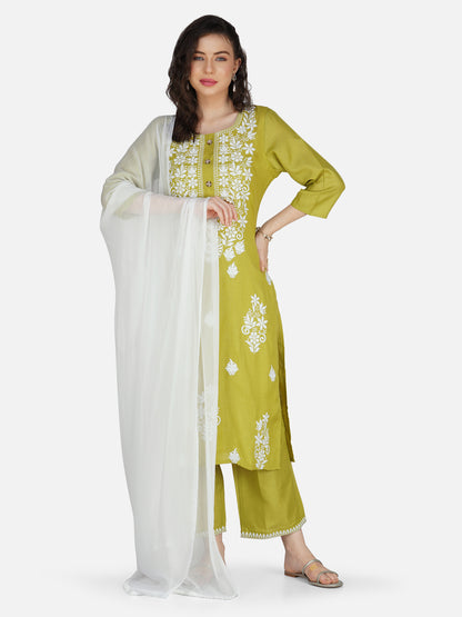 Olive Green Lucknowi Chikankari Embroidered Kurta Set