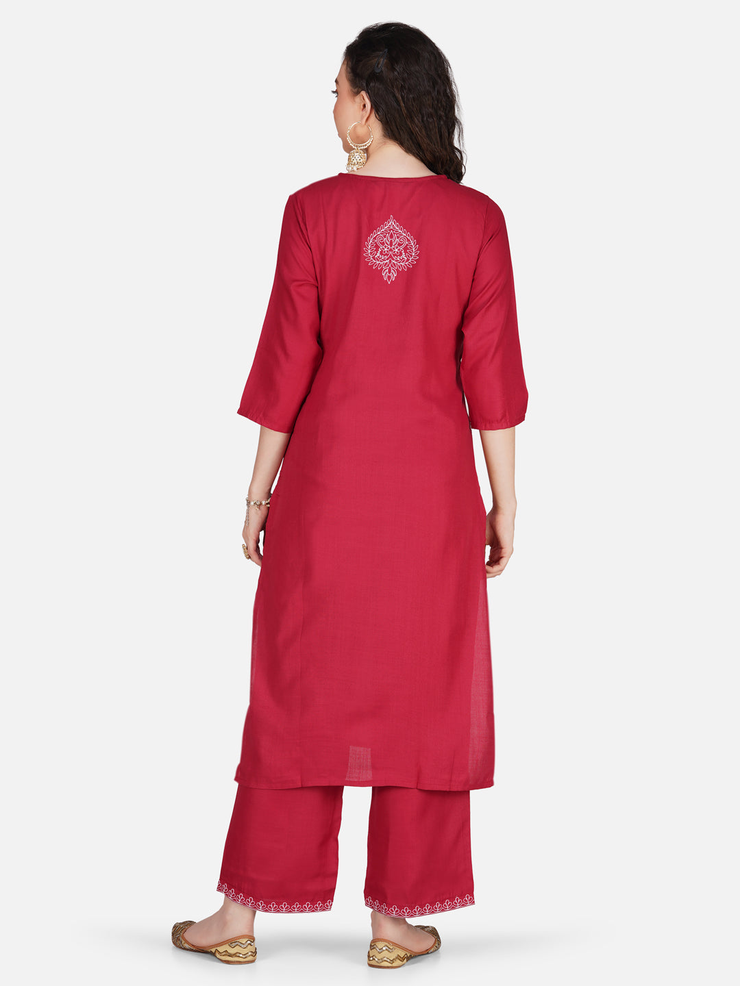 Ruby Red Lucknowi Chikankari Embroidered Kurta Set