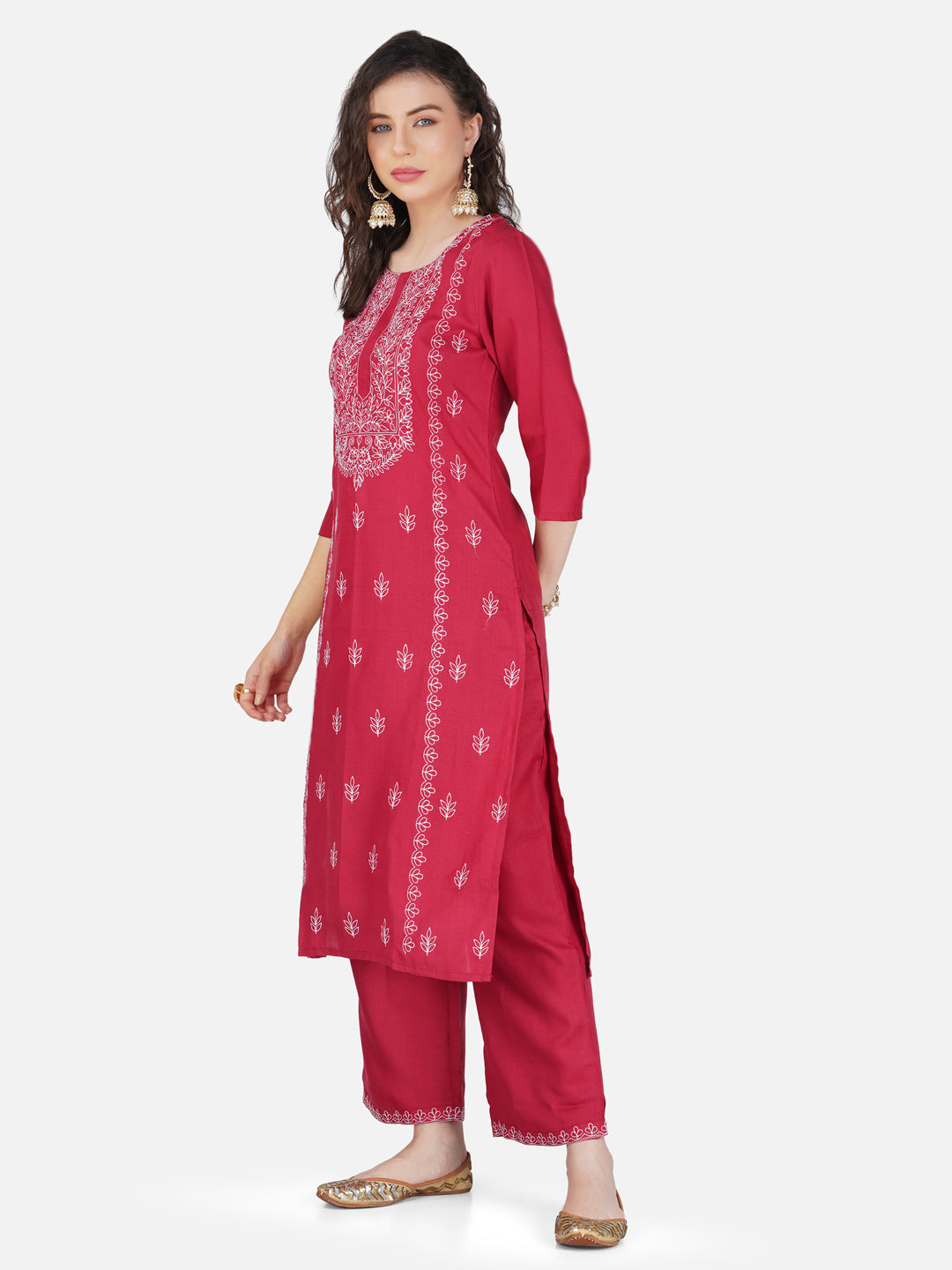 Ruby Red Lucknowi Chikankari Embroidered Kurta Set