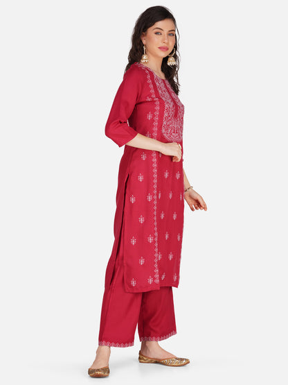 Ruby Red Lucknowi Chikankari Embroidered Kurta Set