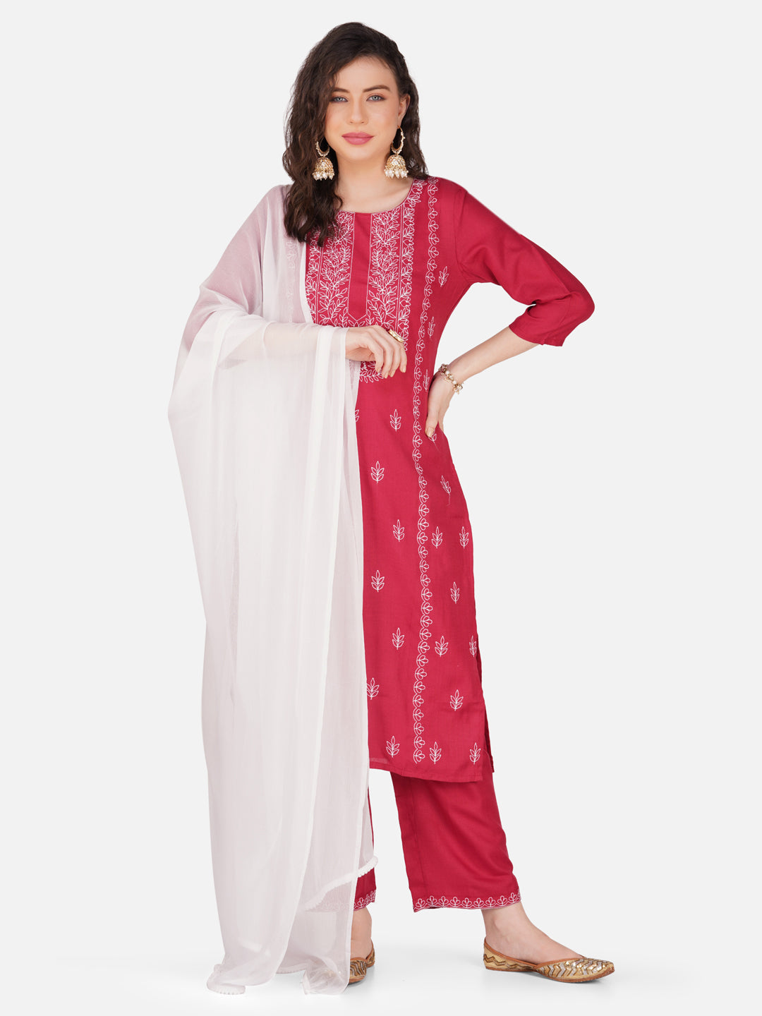 Ruby Red Lucknowi Chikankari Embroidered Kurta Set