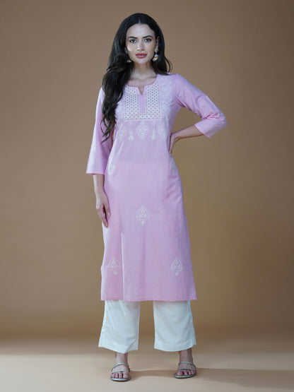 Rose Pink Lucknowi Chikankari Embroidered Cotton Kurti