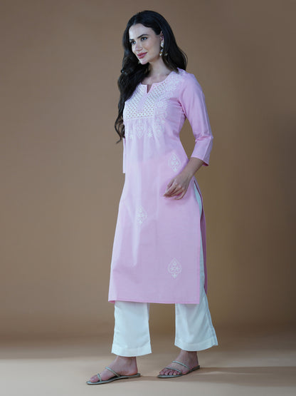 Rose Pink Lucknowi Chikankari Embroidered Cotton Kurti