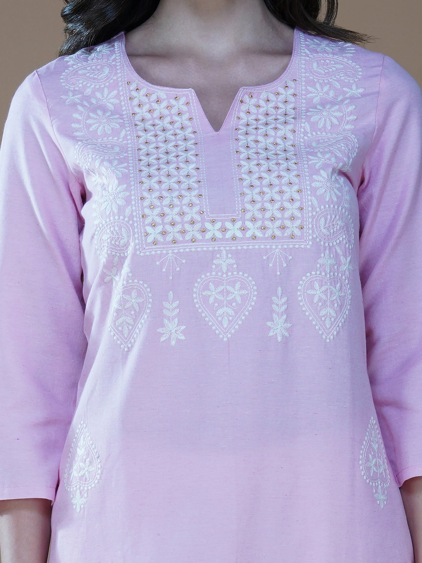 Rose Pink Lucknowi Chikankari Embroidered Cotton Kurti