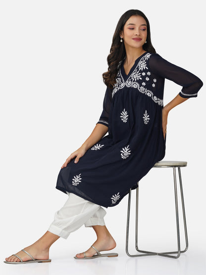 Elegant Navy Blue Alia Cut Chikankari Kurta