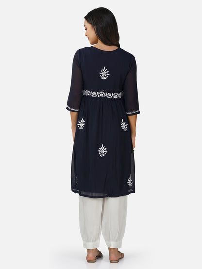 Elegant Navy Blue Alia Cut Chikankari Kurta