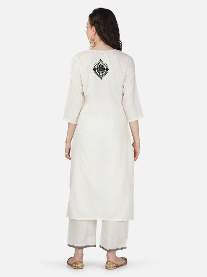 White Lucknowi Hand Chikankari Kurta Set with Black Embroidery