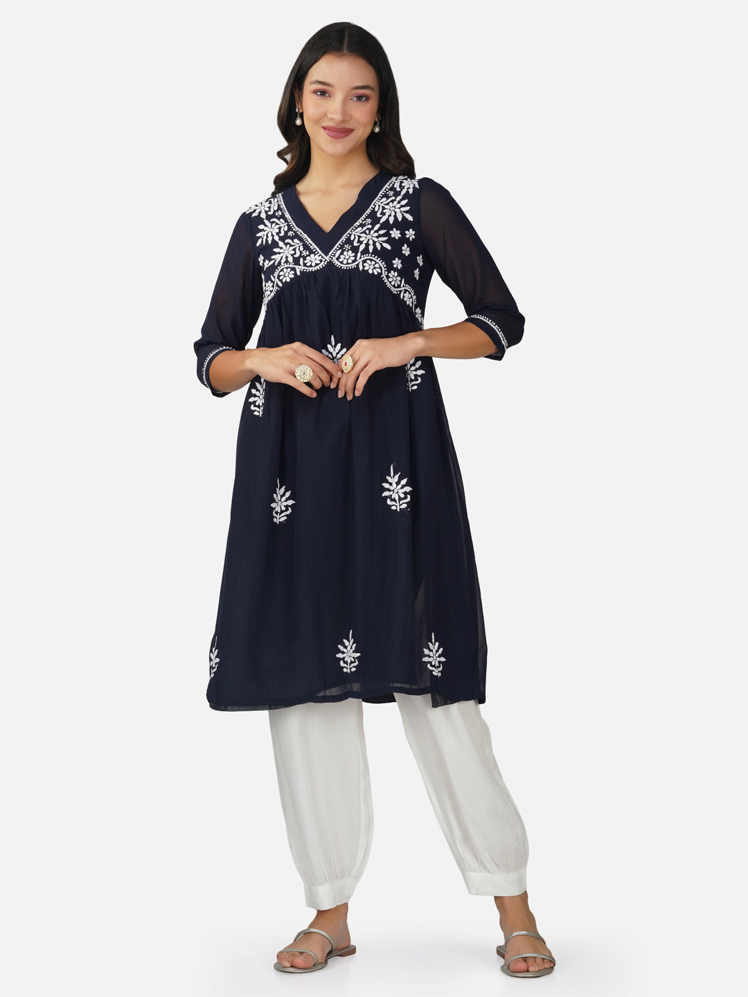 Elegant Navy Blue Alia Cut Chikankari Kurta