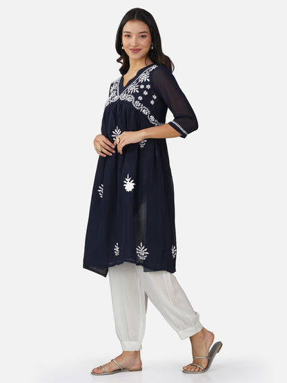 Elegant Navy Blue Alia Cut Hand Chikankari Kurta