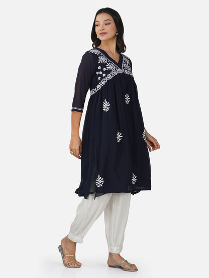 Elegant Navy Blue Alia Cut Chikankari Kurta