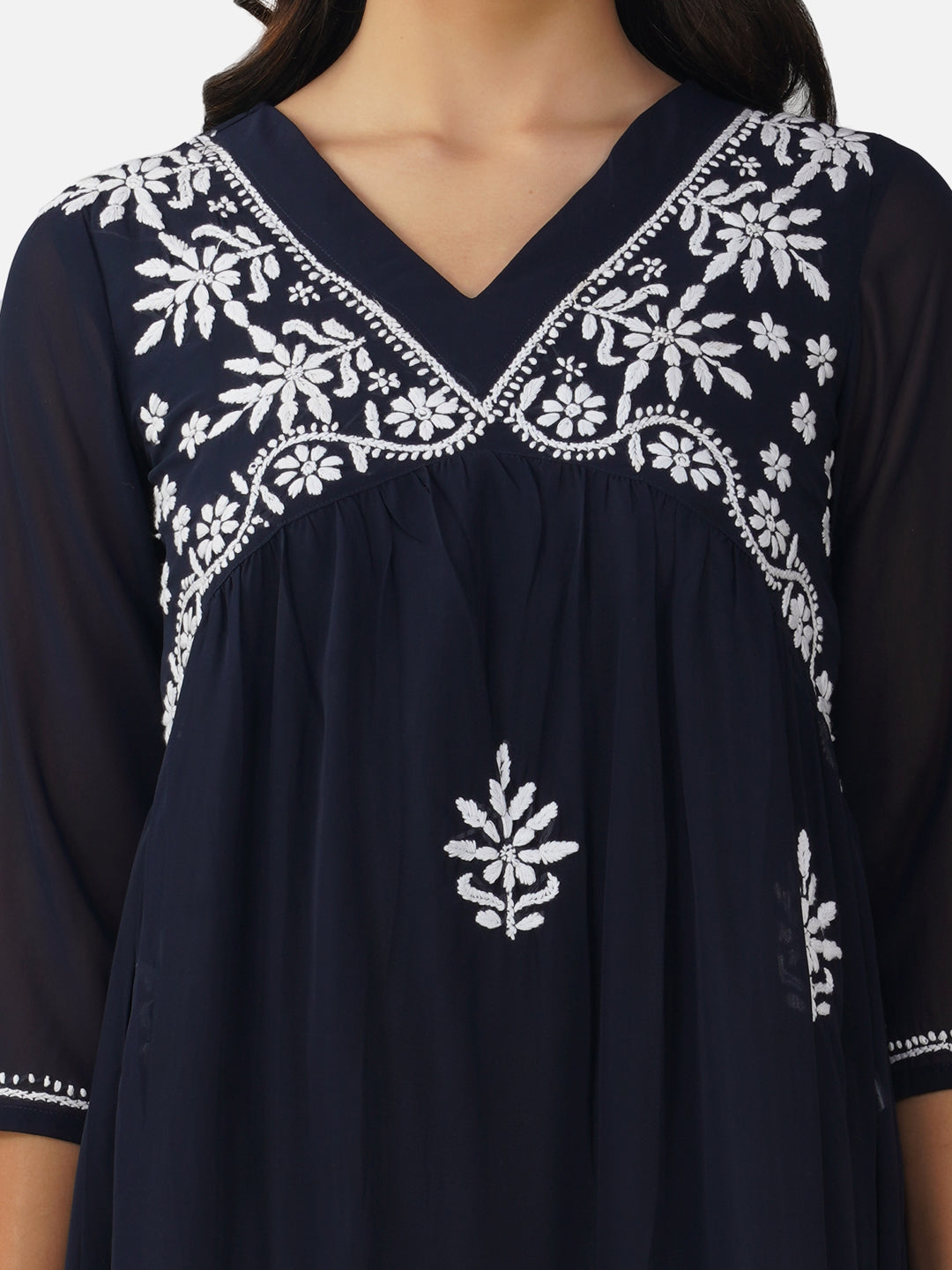 Elegant Navy Blue Alia Cut Chikankari Kurta