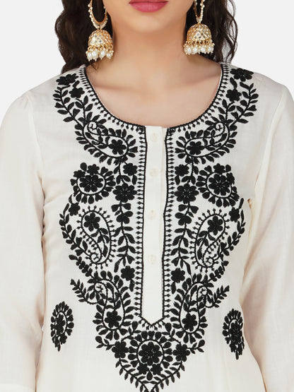 White Lucknowi Hand Chikankari Kurta Set with Black Embroidery