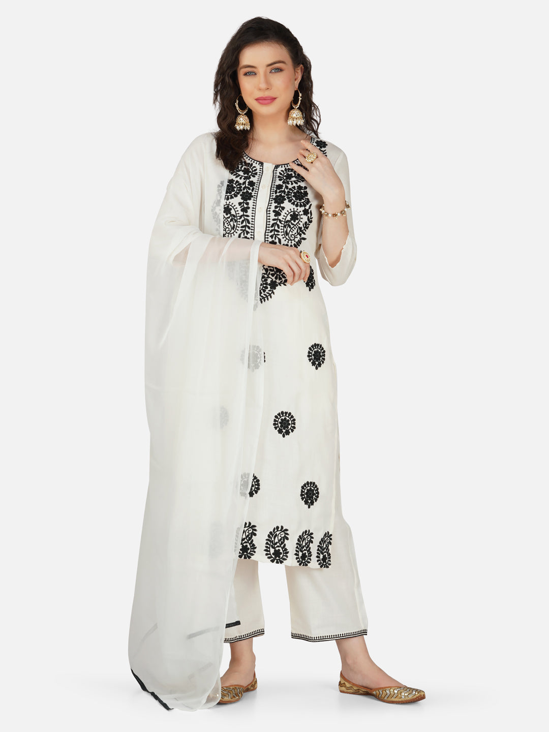 White Lucknowi Hand Chikankari Kurta Set with Black Embroidery