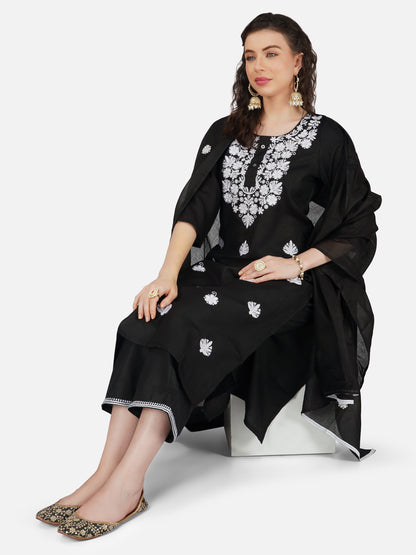 Black Rayon Lucknowi Chikankari Kurta and Bottom Set