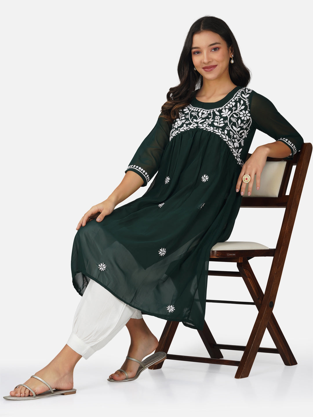 Emerald Green Alia Cut Lucknowi Chikankari Kurta