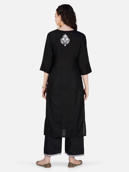 Black Rayon Lucknowi Chikankari Kurta and Bottom Set