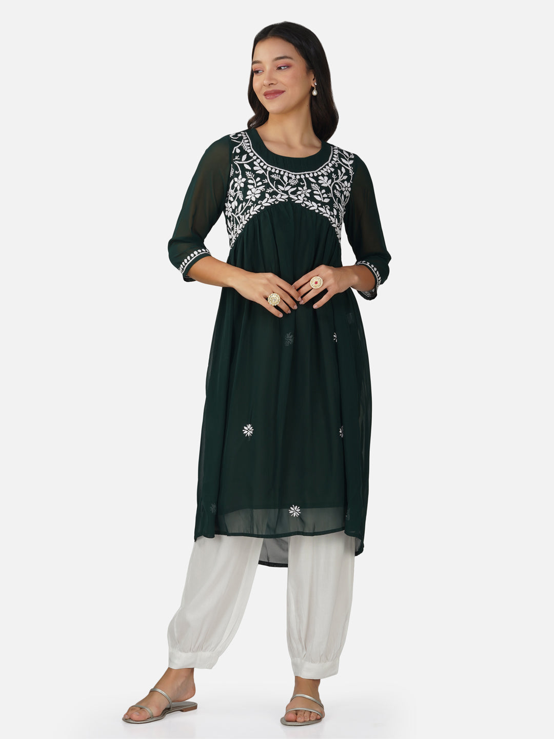 Emerald Green Alia Cut Lucknowi Chikankari Kurta