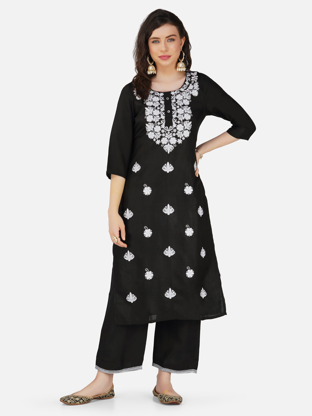 Black Lucknowi Hand Chikankari Kurta and Bottom Set