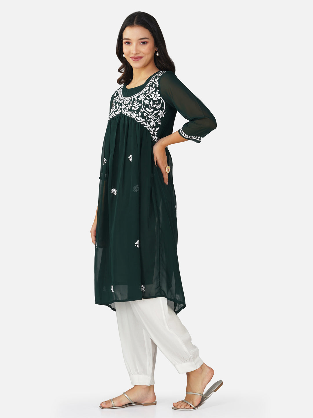 Emerald Green Alia Cut Lucknowi Hand Chikankari Kurta