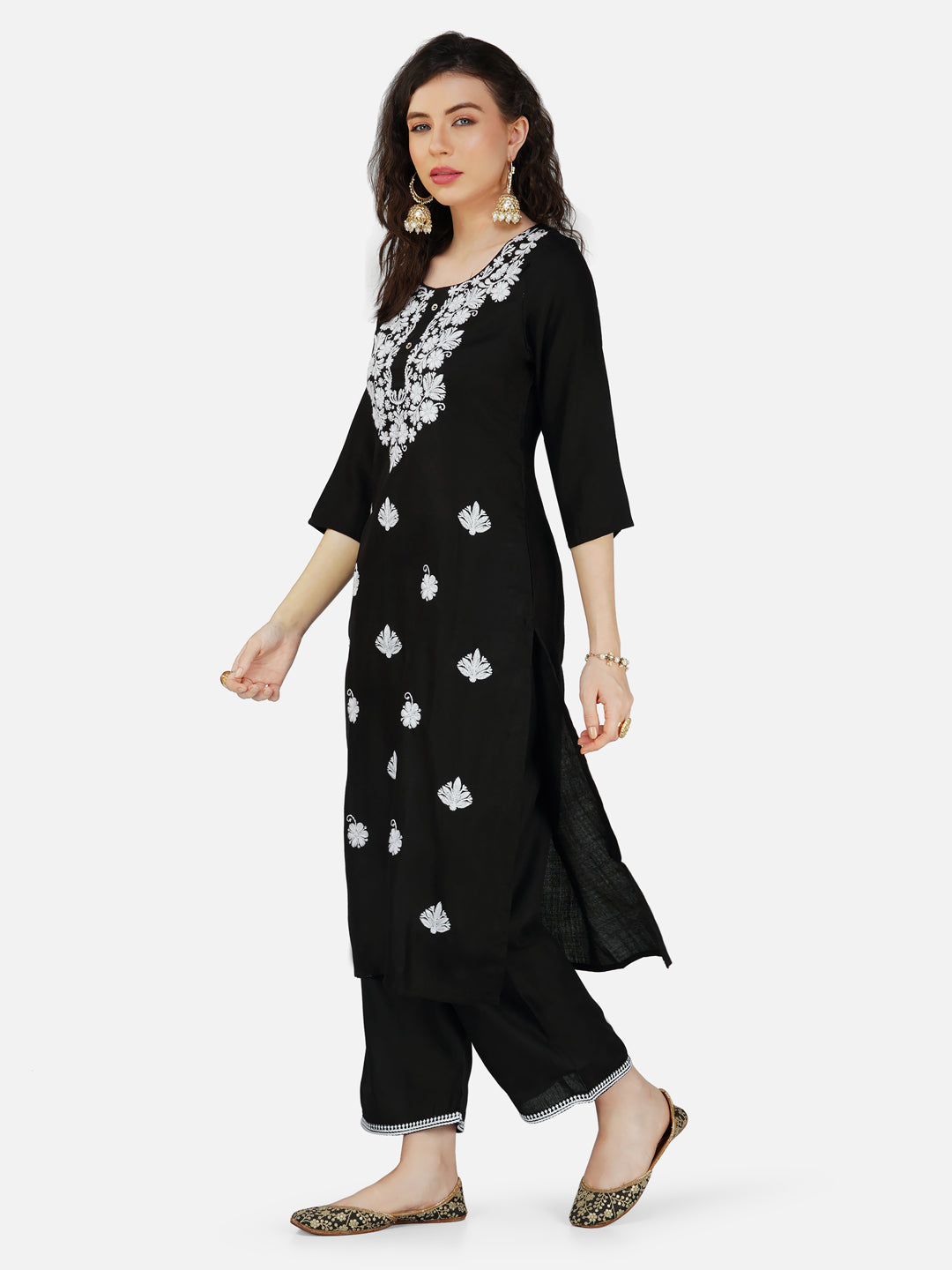 Black Rayon Lucknowi Chikankari Kurta and Bottom Set