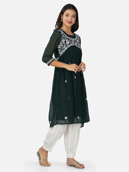 Emerald Green Alia Cut Lucknowi Chikankari Kurta