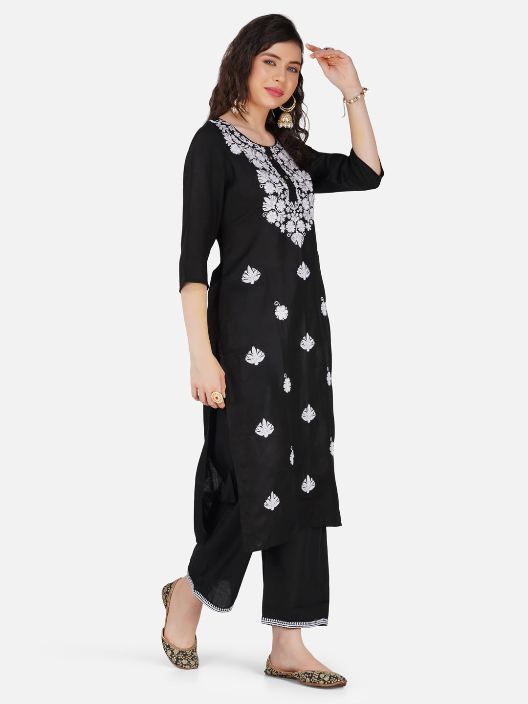 Black Rayon Lucknowi Chikankari Kurta and Bottom Set