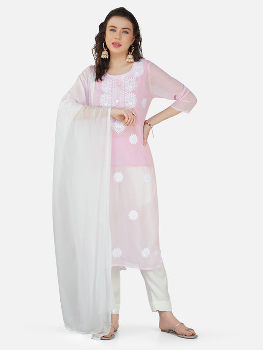 Pastel Pink Lucknow Chikankari Georgette Kurta Set