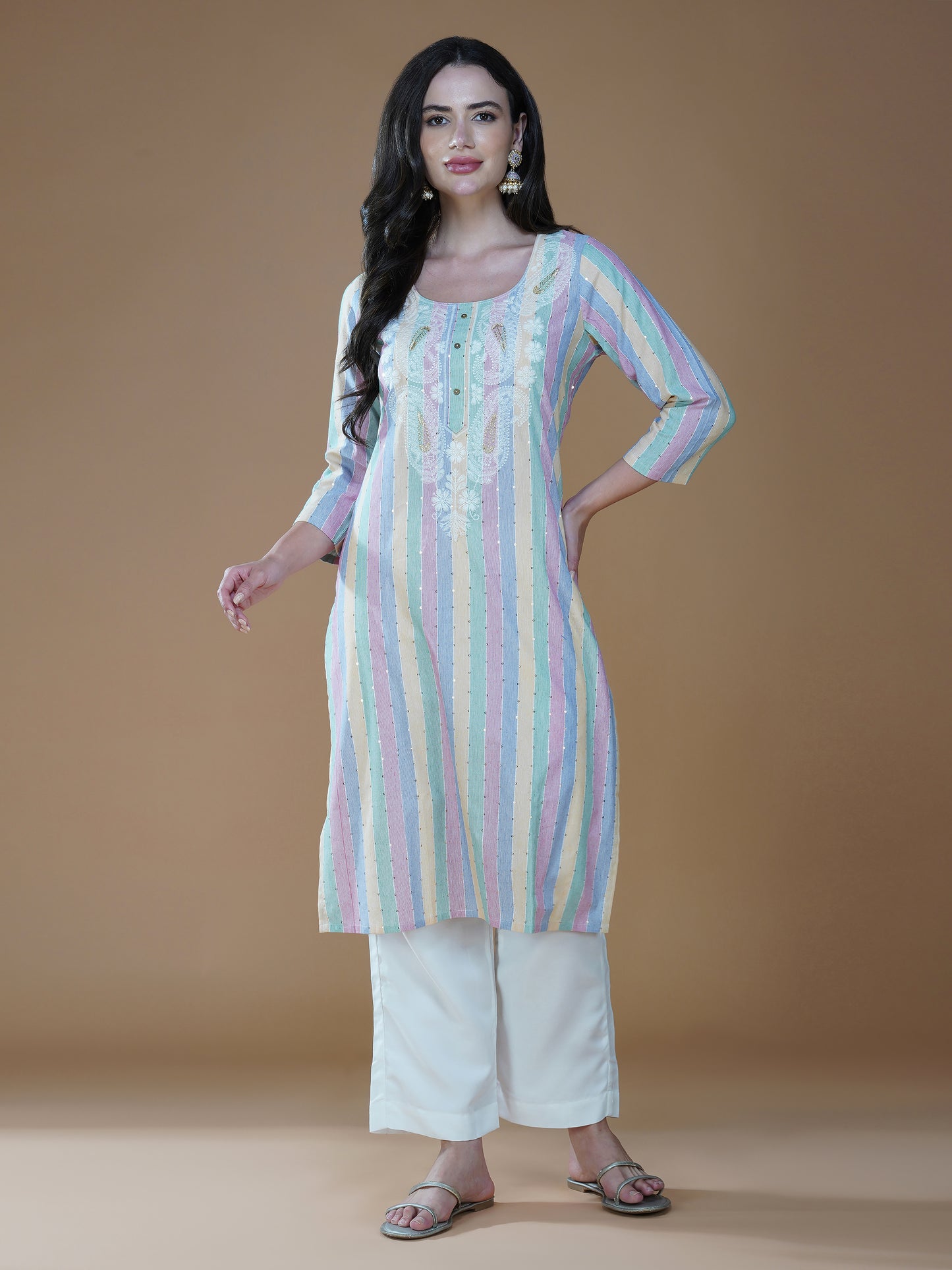 Pastel Delight Striped Lucknowi Chikankari Cotton Kurta