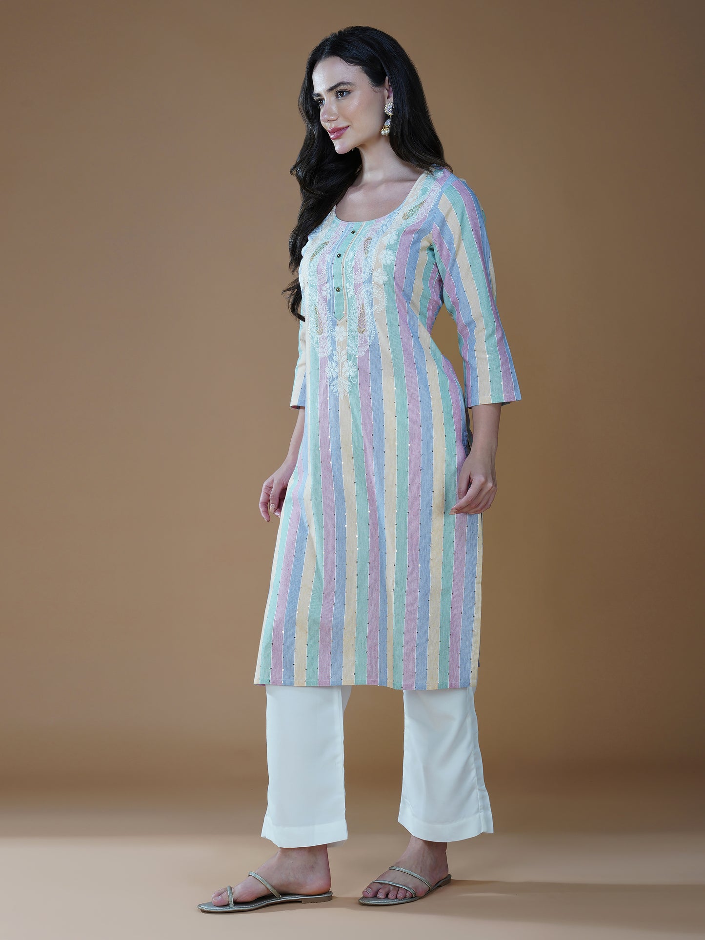 Pastel Delight Striped Lucknowi Chikankari Cotton Kurta