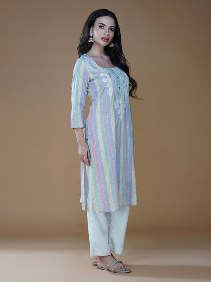 Pastel Delight Striped Lucknowi Chikankari Cotton Kurta