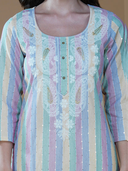 Pastel Delight Striped Lucknowi Chikankari Cotton Kurta