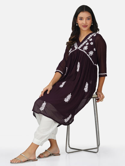 Deep Plum Lucknowi Alia Cut Chikankari Kurta