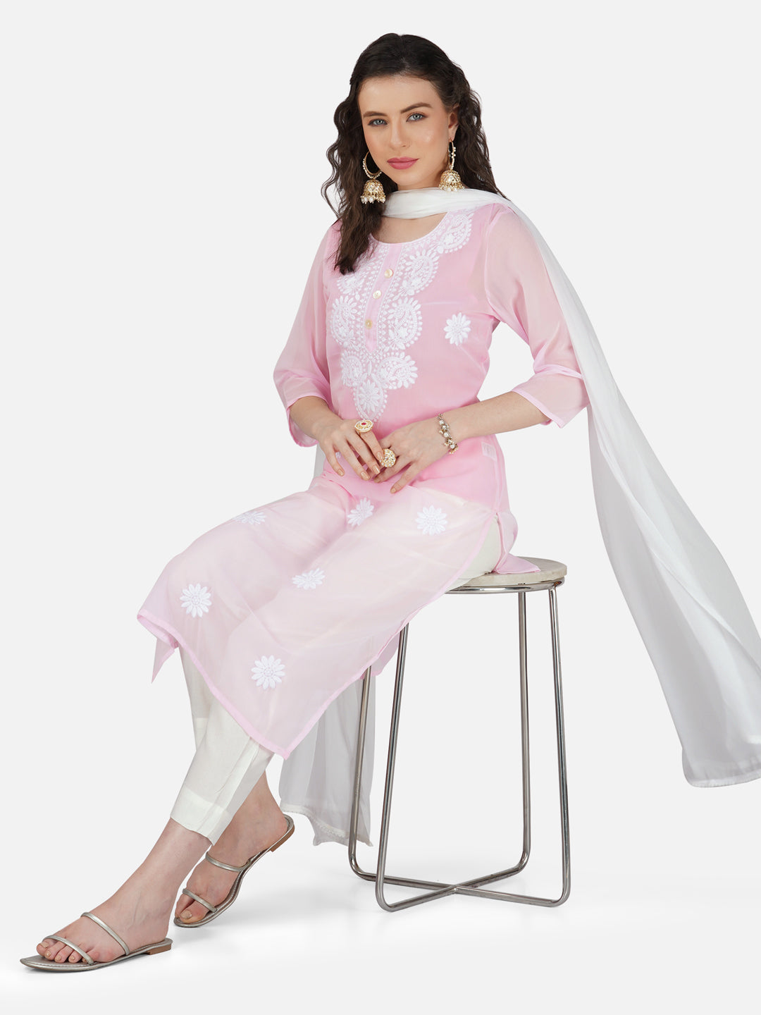 Pastel Pink Lucknow Chikankari Georgette Kurta Set