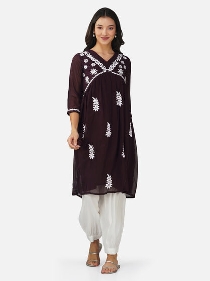 Deep Plum Lucknowi Alia Cut Hand Chikankari Kurta