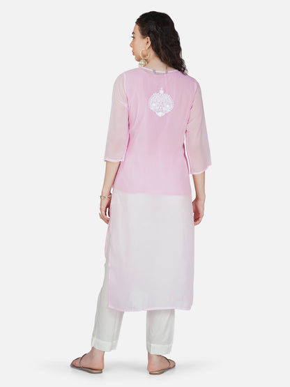 Pastel Pink Lucknow Chikankari Georgette Kurta Set