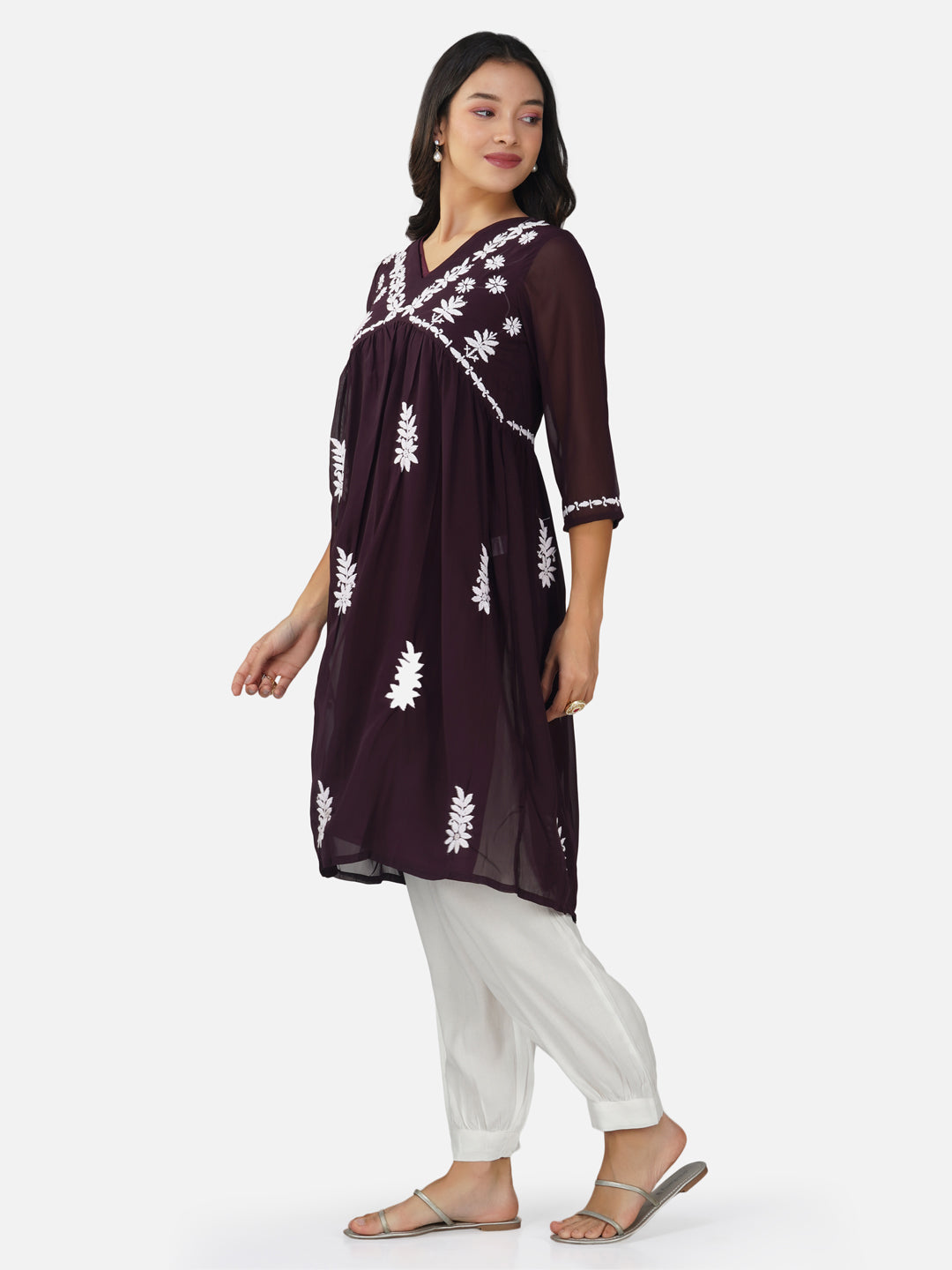 Deep Plum Lucknowi Alia Cut Chikankari Kurta