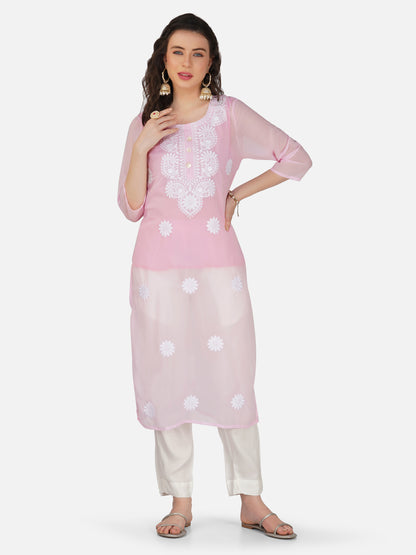 Pastel Pink Lucknow Chikankari Georgette Kurta Set