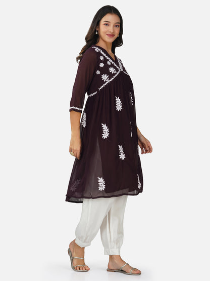 Deep Plum Lucknowi Alia Cut Chikankari Kurta