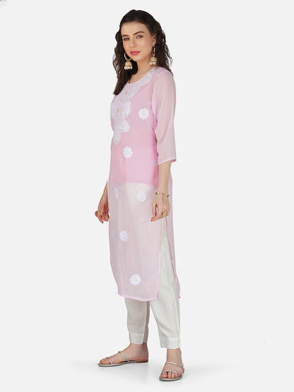 Pastel Pink Lucknow Chikankari Georgette Kurta Set