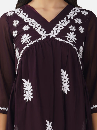 Deep Plum Lucknowi Alia Cut Chikankari Kurta