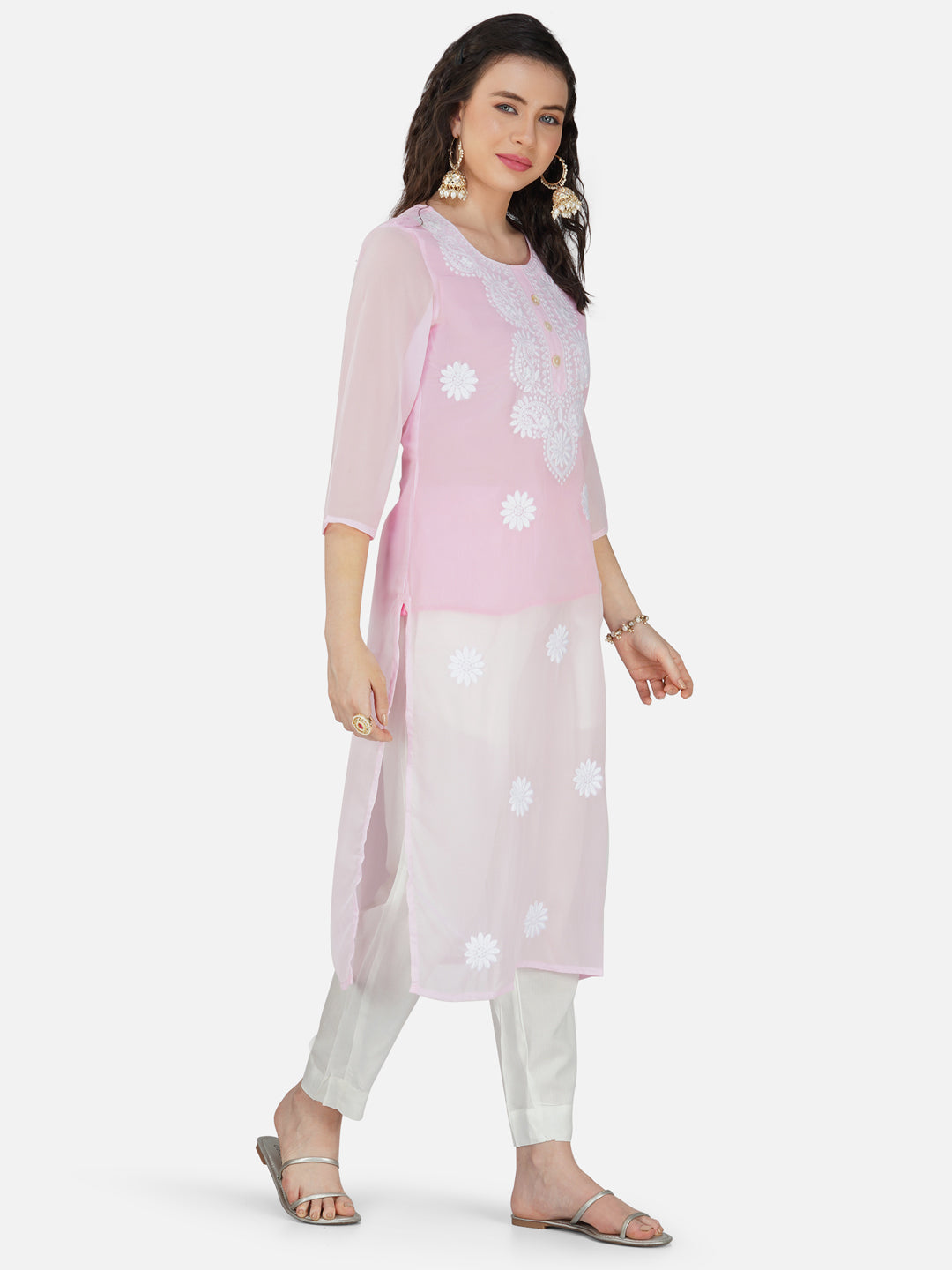 Pastel Pink Lucknow Chikankari Georgette Kurta Set