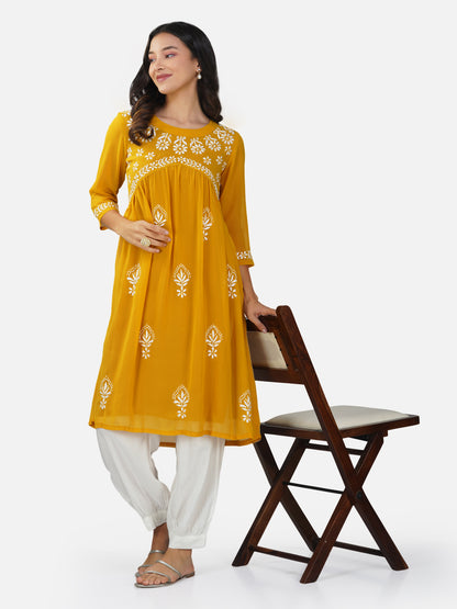 Mustard Yellow Alia Cut Chikankari Embroidered Kurta