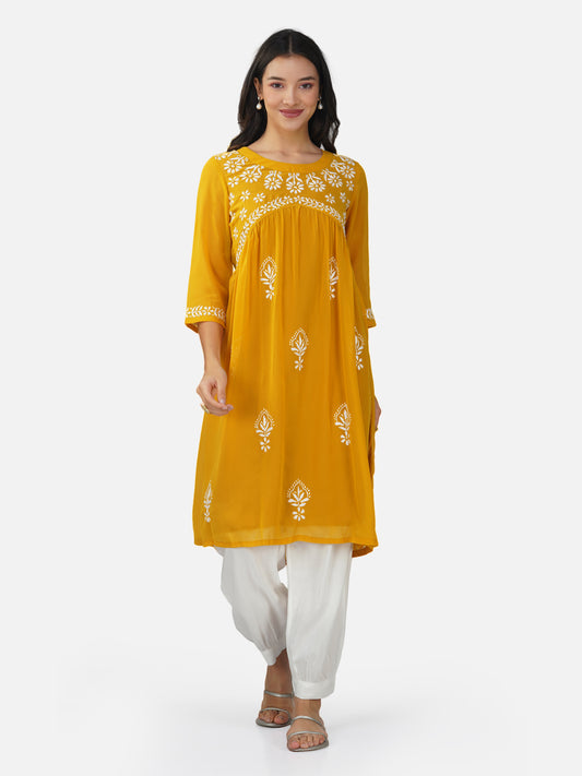 Mustard Yellow Alia Cut Chikankari Embroidered Kurta