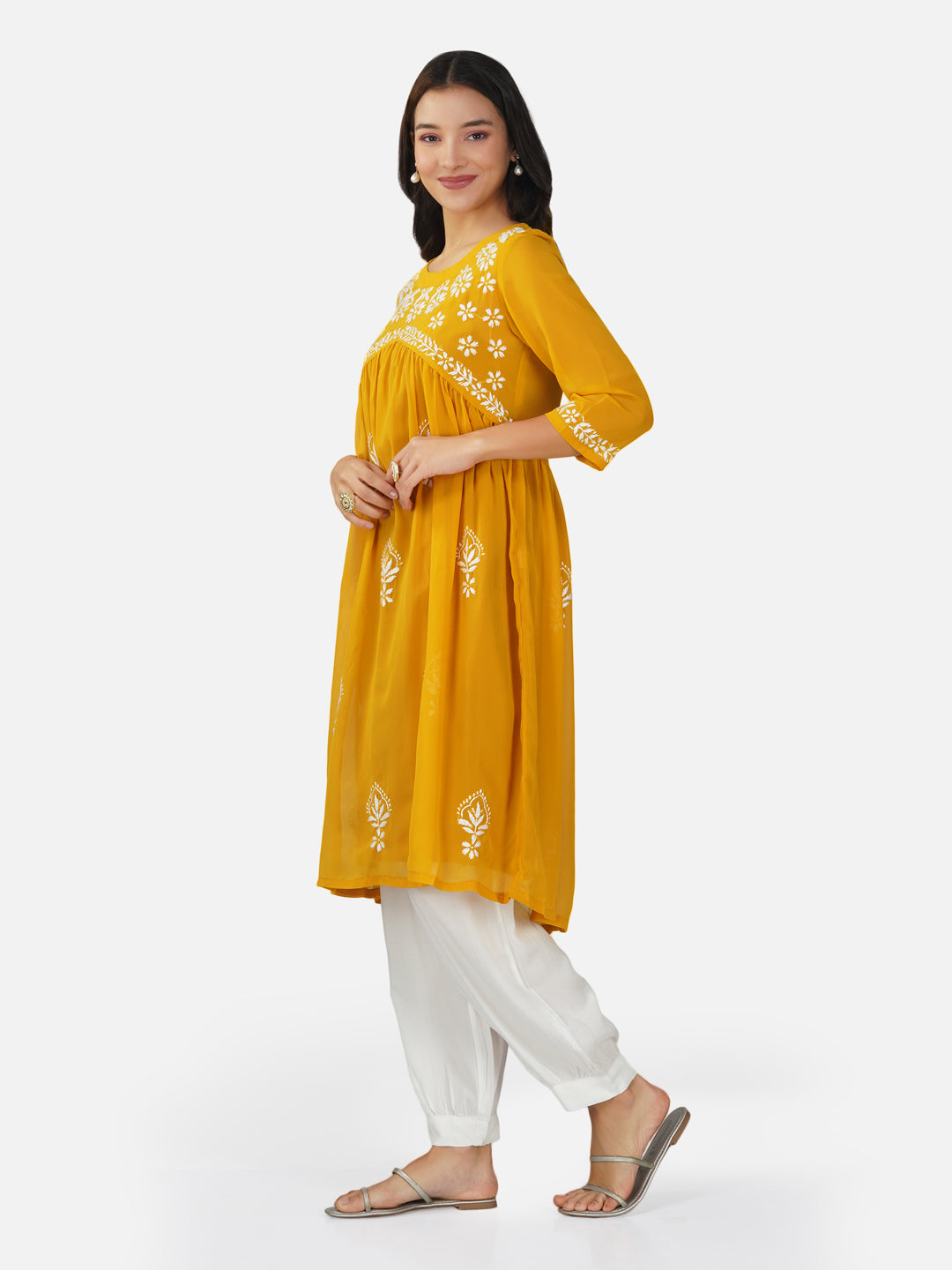 Mustard Yellow Alia Cut Chikankari Embroidered Kurta