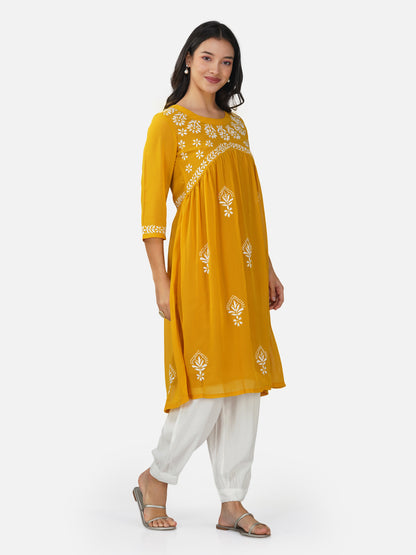 Mustard Yellow Alia Cut Chikankari Embroidered Kurta