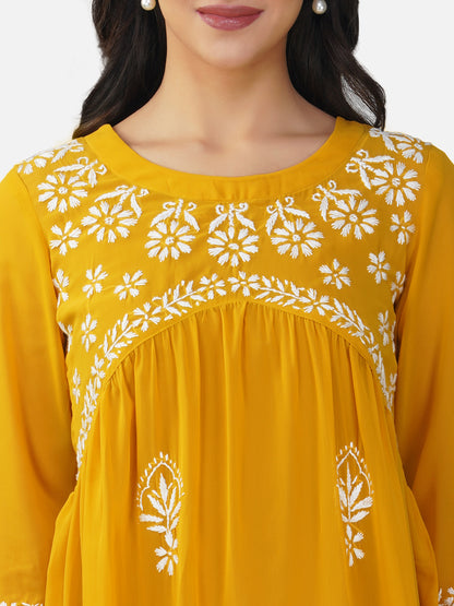 Mustard Yellow Alia Cut Chikankari Embroidered Kurta